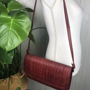 Vintage Eel Skin Leather Red Shoulder Bag Removable Strap Clutch Purse